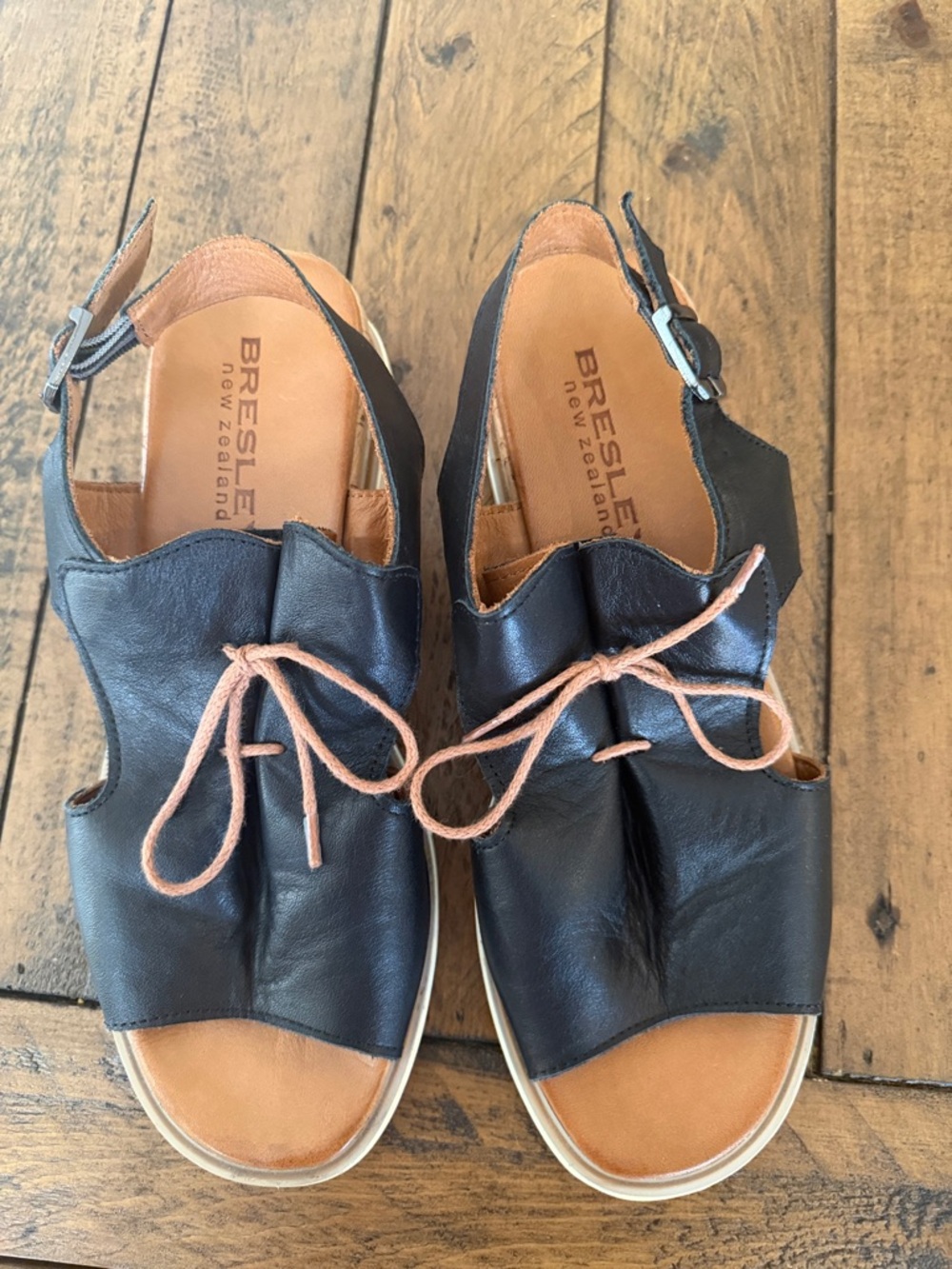 Bresley NZ  Black Leather Open-Toe Sandals with Tan Laces size 8. Worn twice!